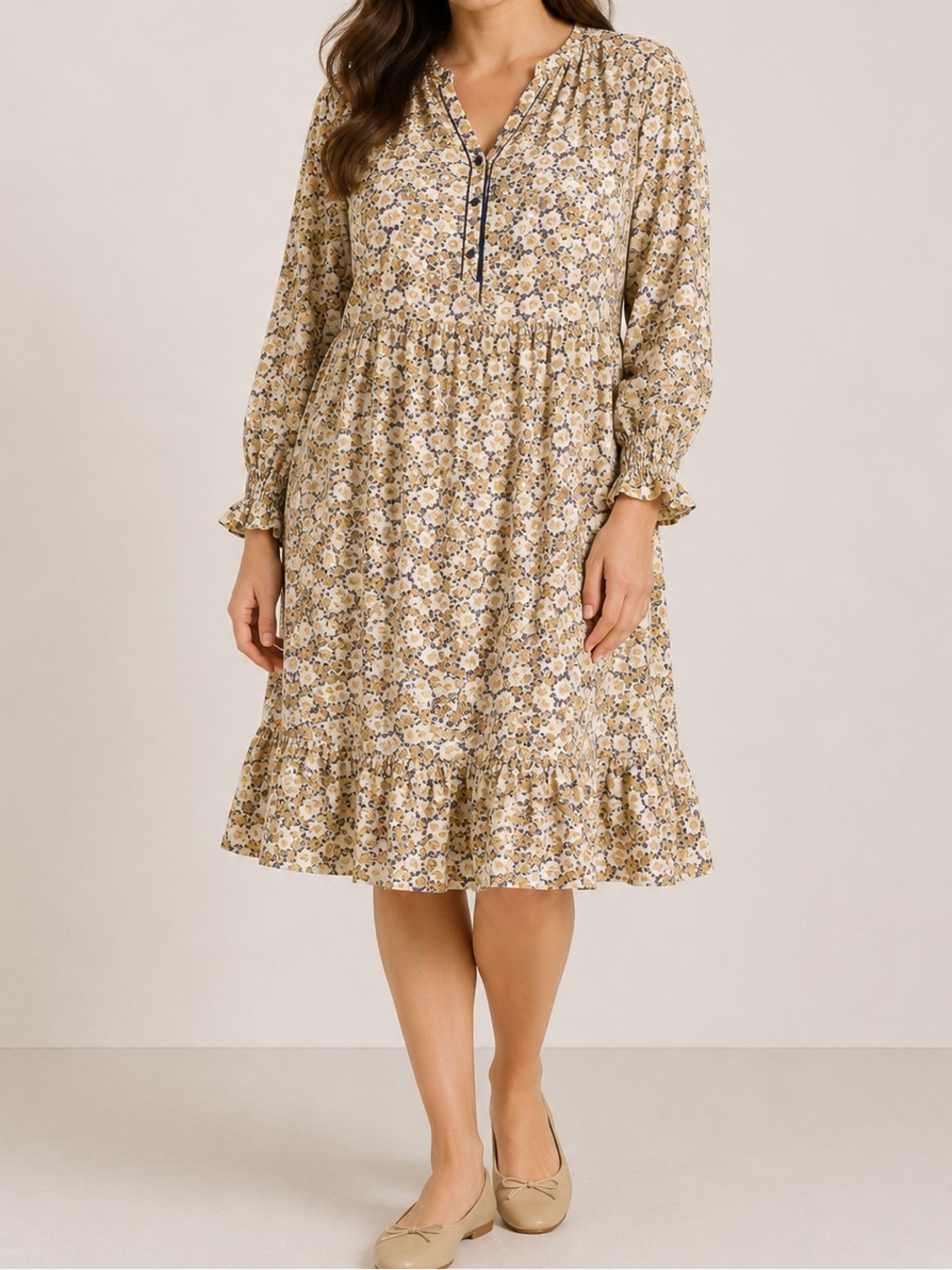 Lollys Laundry Audrey Yellow Floral Boho Cottagecore V-Neck Midi Dress